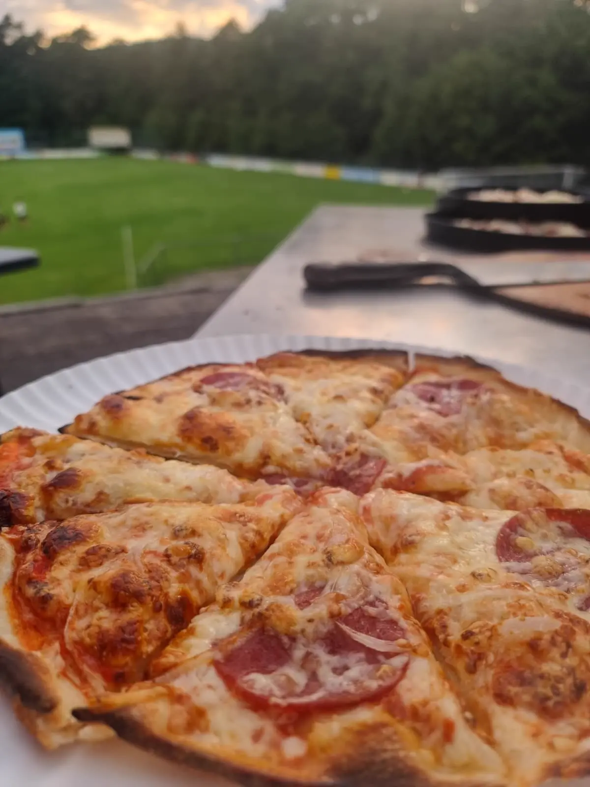 Frische Pizza auf einem Holzbrett im Freien