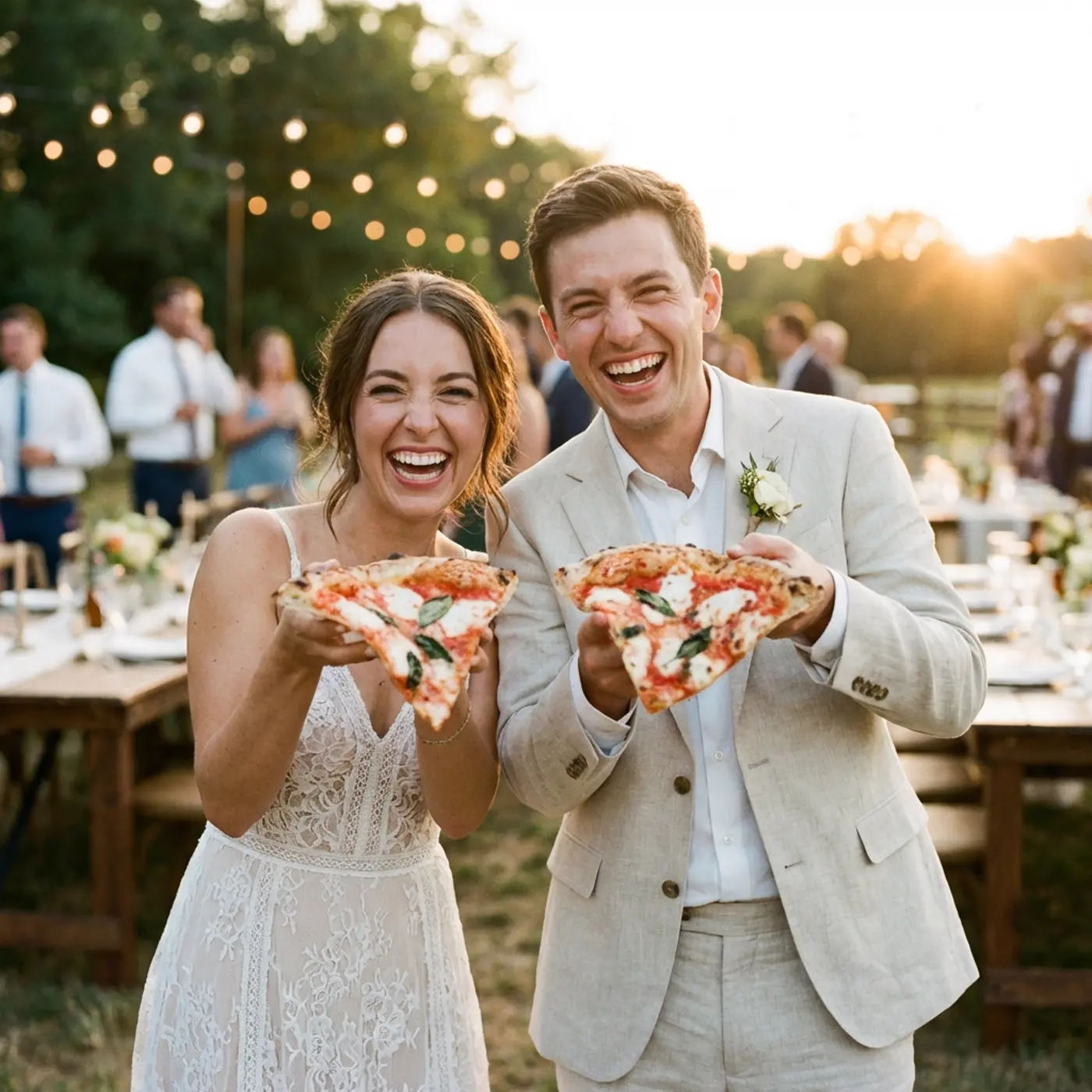 Glückliches Brautpaar hält frische Pizza-Stücke in die Kamera