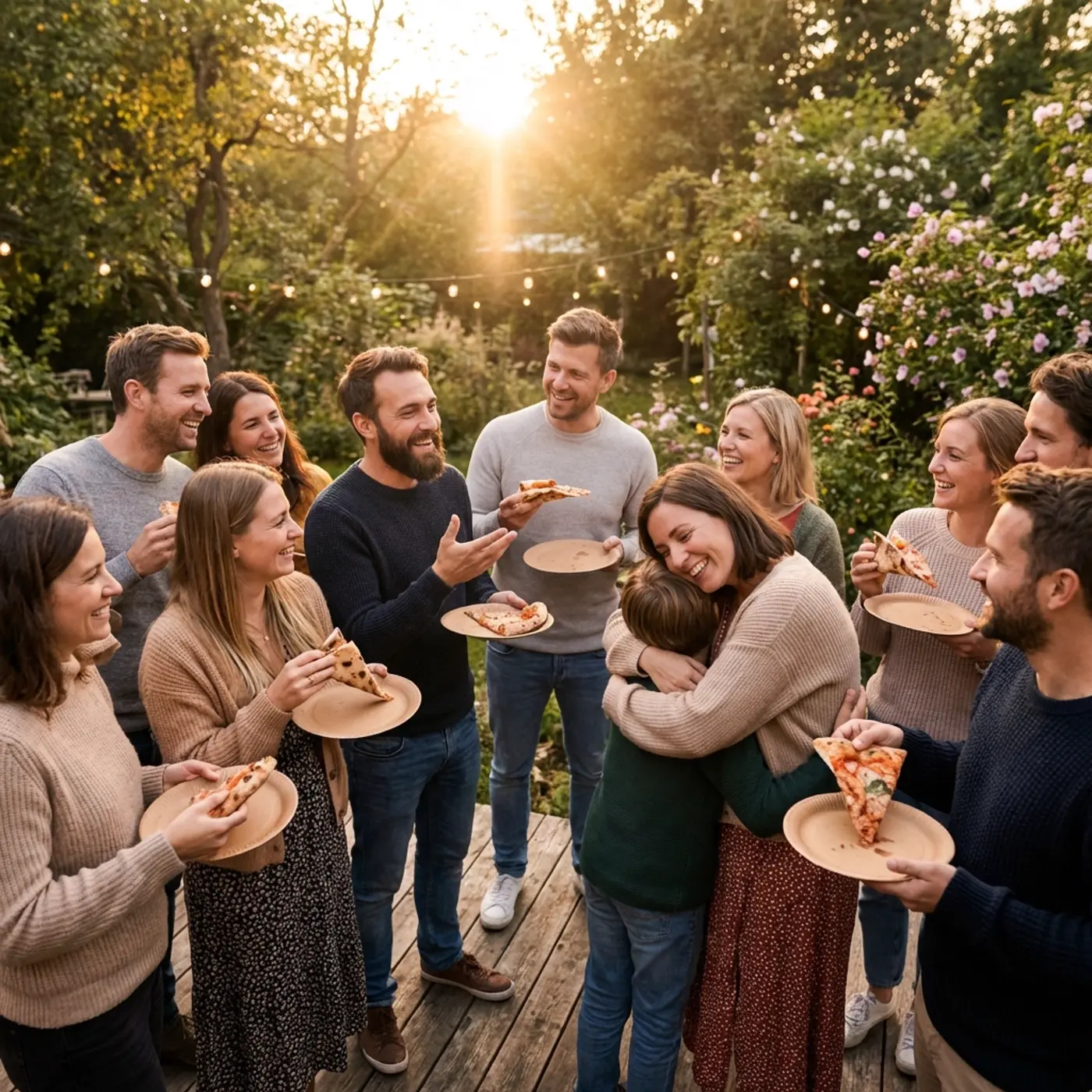 Gemütliche Gartenparty bei Sonnenuntergang mit frisch gebackener Pizza